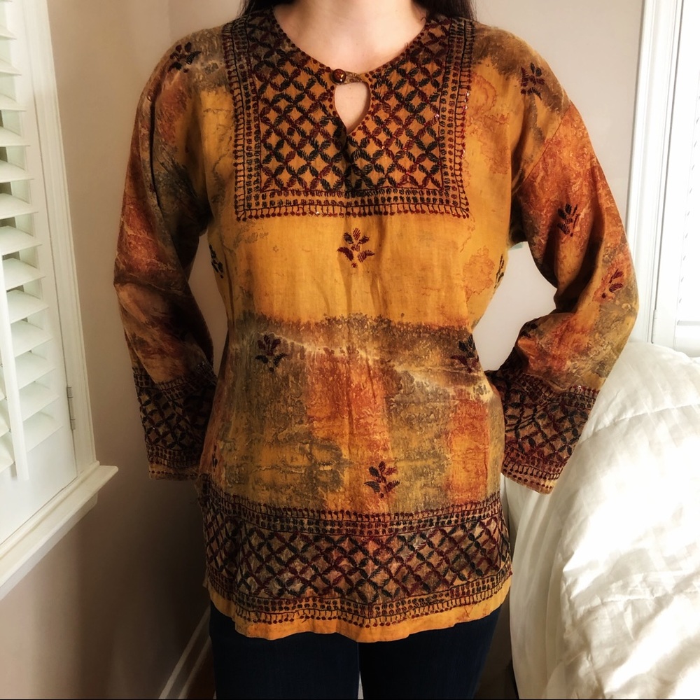 3 LEFT S-L Spring Boho Chic Beaded Embroidered Tunic Top